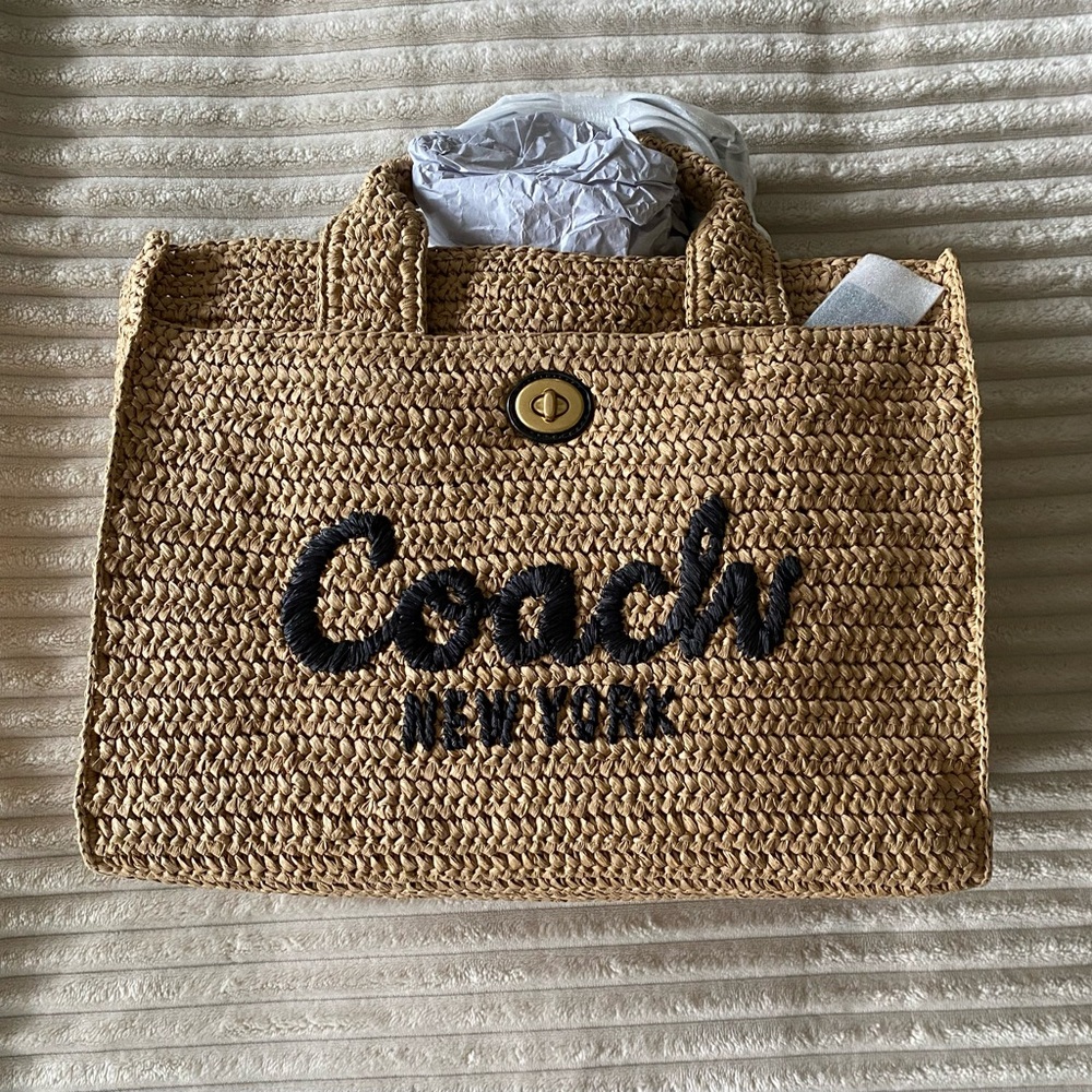 COACH CARGO EMBROIDERED LOGO STRAW TOTE - Picture 4 of 8
